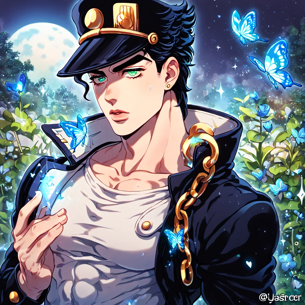 absurdres, highres, ultra detailed, HDR, master piece, best quality, extremely detailed, Jotaro Kujo, black hair, expressive green eyes, Jojo Bizarre Adventure, solo, sexy man, handsome, sensual, horny, black coat, white shirt, black hat, fantasy, magic, sparkling, water, blue moon, blue flowers, blue butterflies, blue petals, garden