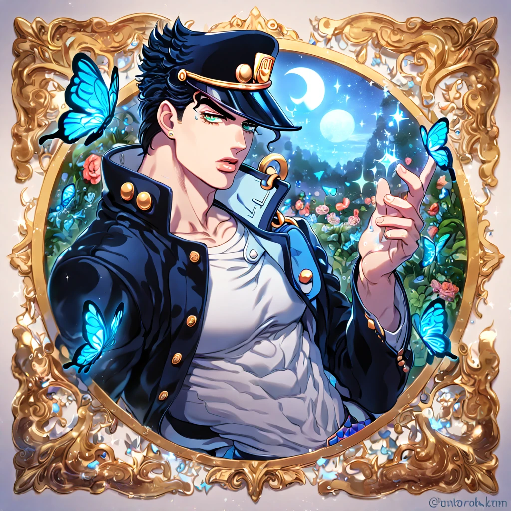 absurdres, highres, ultra detailed, HDR, master piece, best quality, extremely detailed, Jotaro Kujo, black hair, expressive green eyes, Jojo Bizarre Adventure, solo, sexy man, handsome, sensual, horny, black coat, white shirt, black hat, fantasy, magic, sparkling, water, blue moon, blue flowers, blue butterflies, blue petals, garden