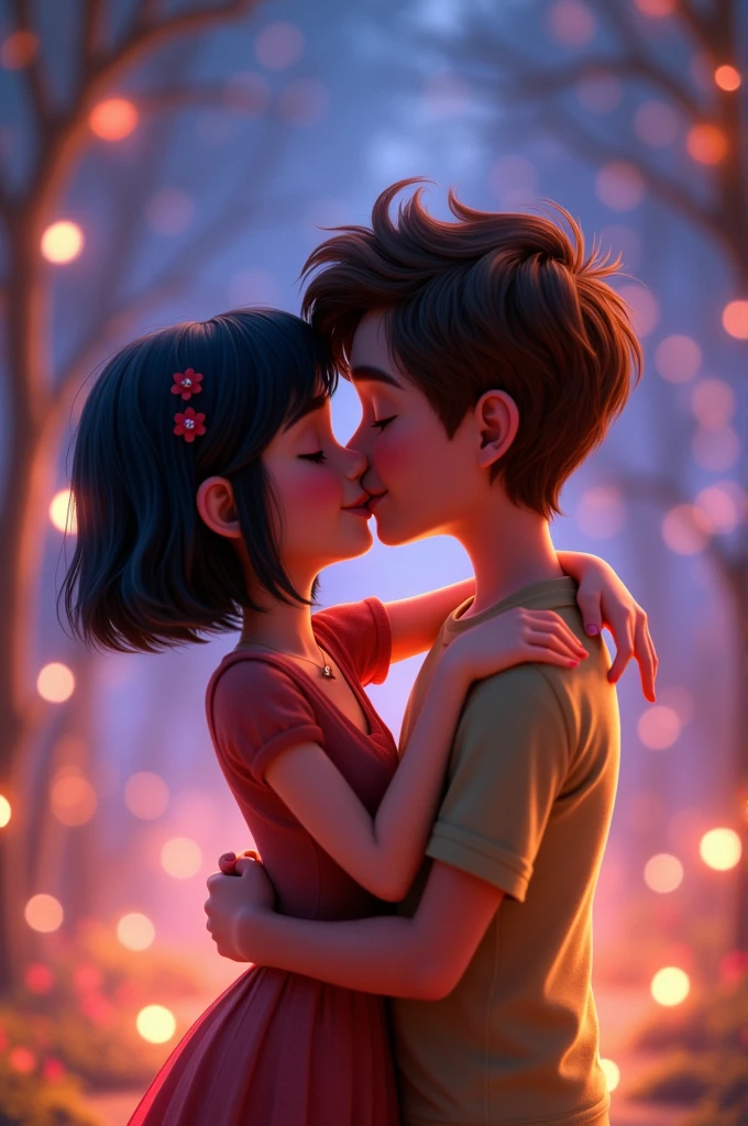Disney Pixar cover Couple kissing, black hair girl, short and straight and boy with brown hair