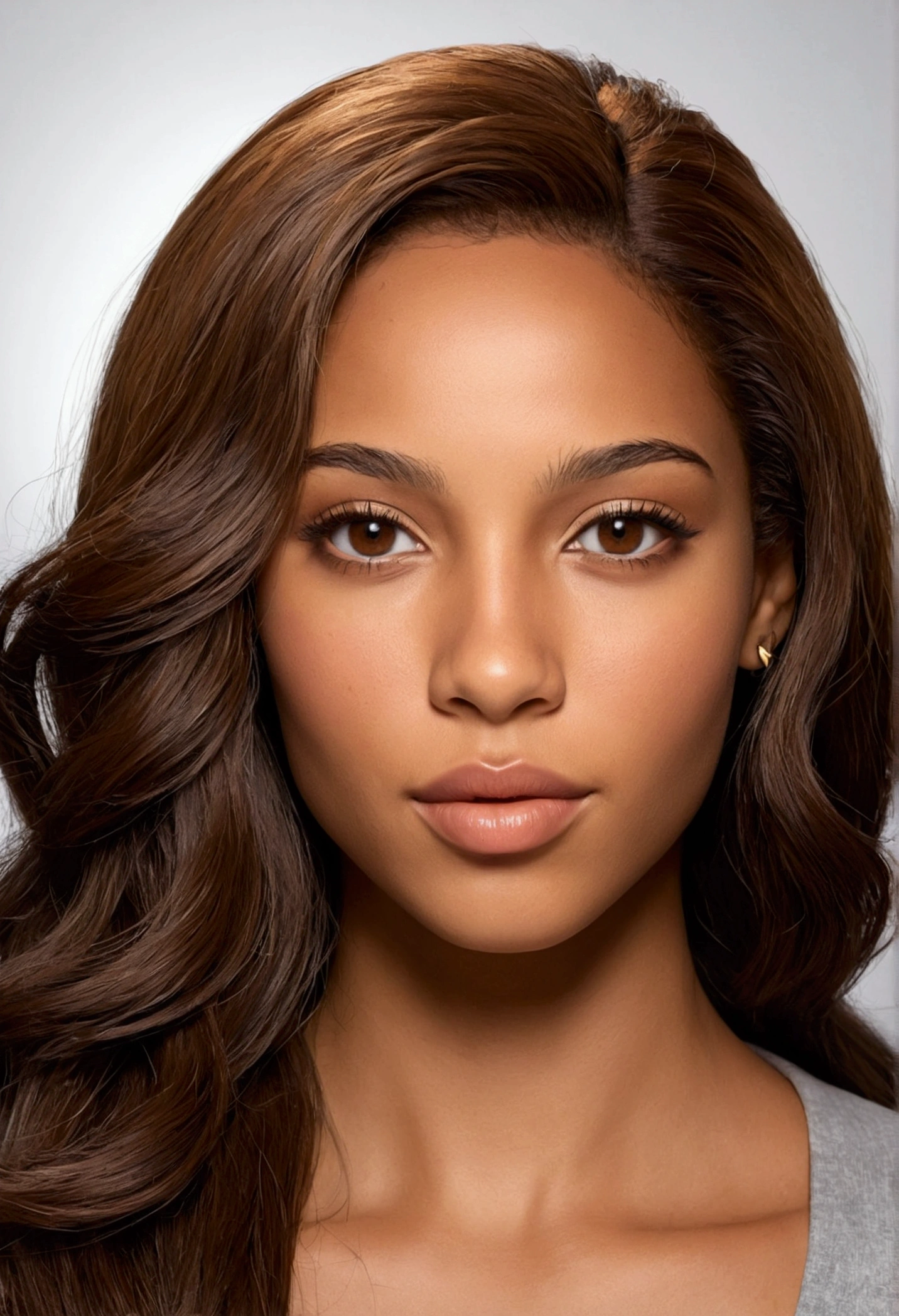 Create an ultra-realistic model of a 25-year-old mixed race woman. Elle doit avoir une peau caramel avec des nuances dorées, long brown hair, and almond-shaped hazel eyes. Her facial features should include full lips, a fine nose, and slightly high cheekbones.