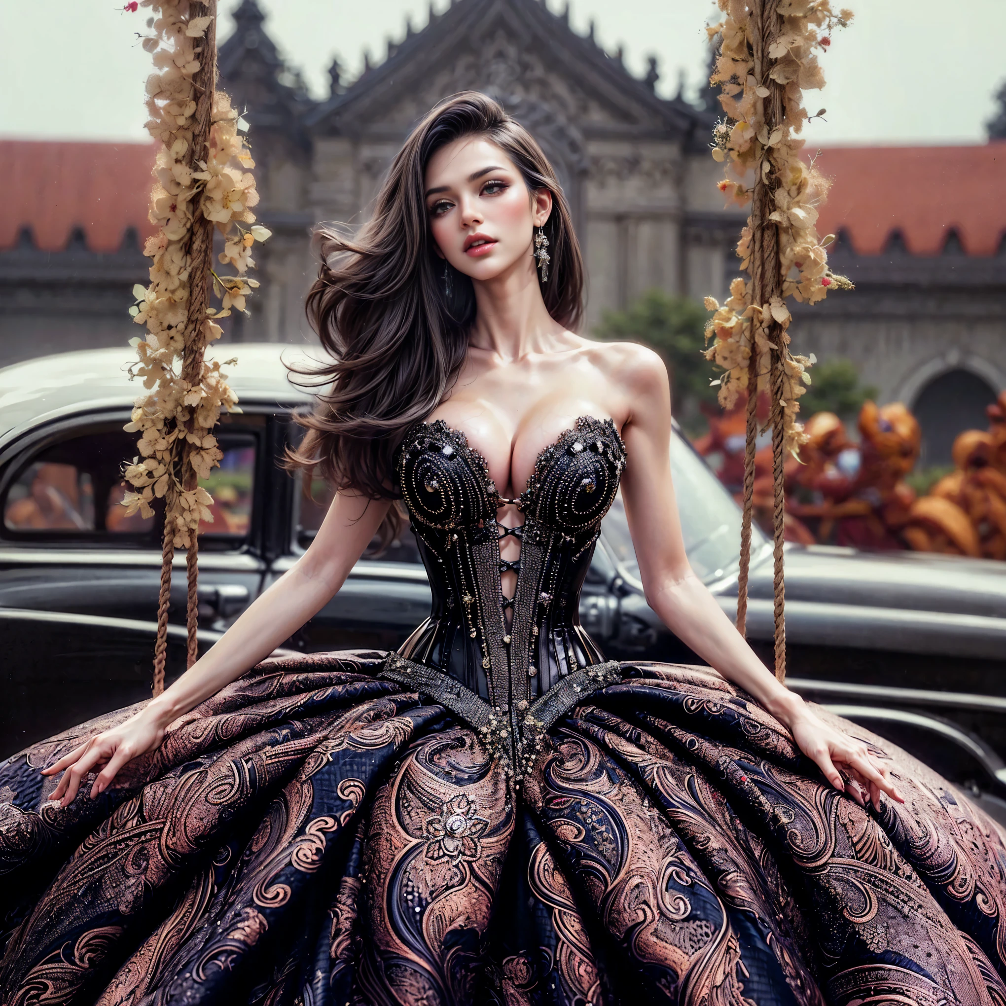 (Extreme HDR) (brightness FX) Photo of an asian woman gigantic Breast 'white skin' with long hair flowing in the wind, wearing a black batik patterned costume, a V-cut strapless corset style batik dress made of carbon patterned satin, a very narrow and stiff V-cut waist decorated with blue jewels, a luxurious long skirt, looks beautiful and stunning, very realistic and detailed, with a royal palace in the background, sitting on a swing, behind it is a black classic car. hyper realistic, hyper detail clothing, Detailed gemstones, masterpiece, best quality:1.2),,(8k,highres,RAW photo,realistic,photo-realistic:1.3),(detailed skin texture,detailed cloth texture, beautiful detailed face:1.25),professional lighting,photon mapping,beautiful soft light,radiosity,physically-based rendering,raytracing, model shoot style, model shoot style, (extremely detailed CG unity 8k wallpaper), full shot body photo of the most beautiful artwork in the world (NSFW), (Nude), (Naked), (carbon fiber corset) (green veiny breast) (steampunk corset) (glowing dress)