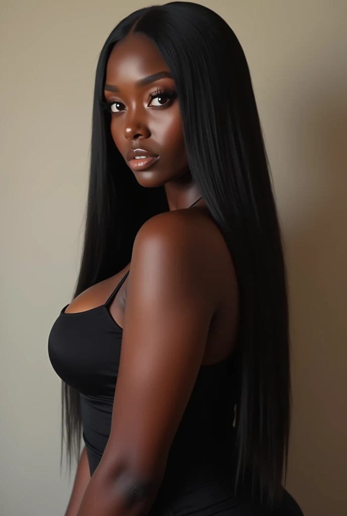 Gorgeous African woman with straight hair and giant breasts, realistic, Seed 1302641530