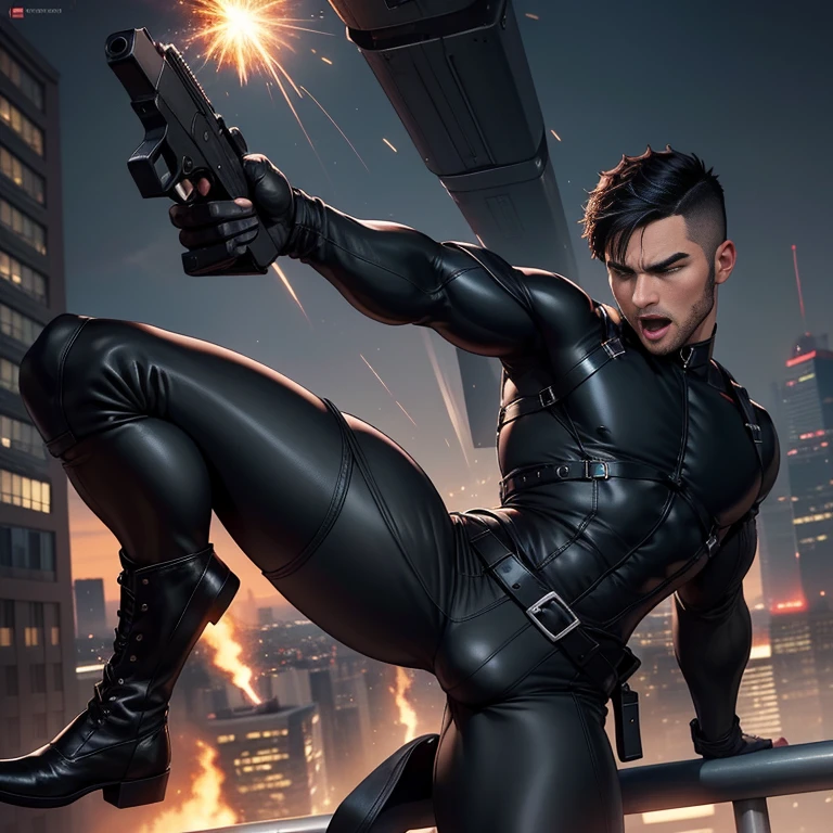 30-year-old handsome man Black bodysuit、Shocker Belt、Black boots、Rooftop、A landing with a great view、Sleeping in a V shape with legs spread、explosion、logic,Gay ,Black Hair、Very short buzzcut。The crotch area of the pants is bulging、I have a gun Scream Sticking out tongue Wandering around My butt hurts