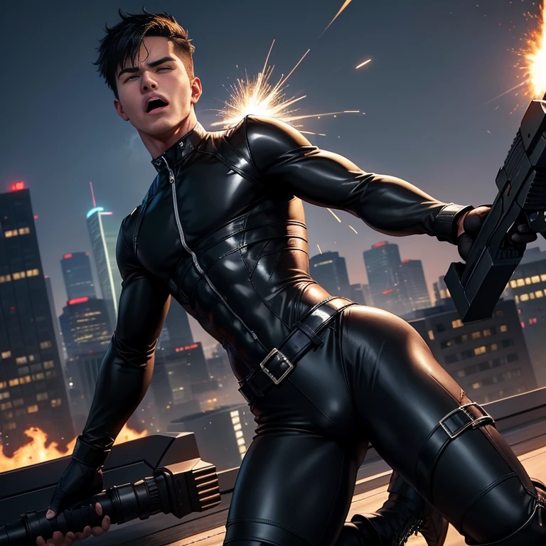 30-year-old handsome man Black bodysuit、Shocker Belt、Black boots、Rooftop、A landing with a great view、Sleeping in a V shape with legs spread、explosion、logic,Gay ,Black Hair、Very short buzzcut。The crotch area of the pants is bulging、I have a gun Scream Sticking out tongue Wandering around My butt hurts