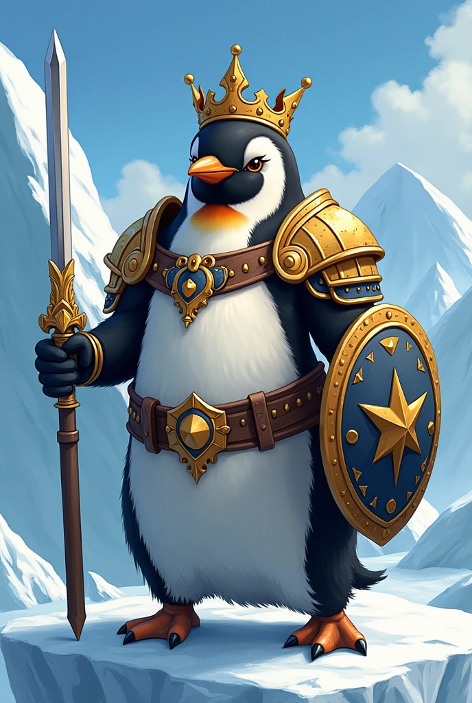 humanoid warrior penguin with king's crown holding a sword and shield wearing metal and golden colored armor that covers his body with a glacier background in anime style