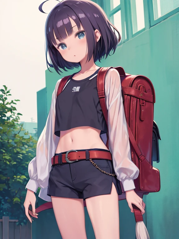 (masterpiece, Highest quality;1.3), Very detailed ,Super detailed, One girl,alone, View your viewers, umihara kawase, Ahoge, Black crop top, Blue shorts, belt, Backpack,