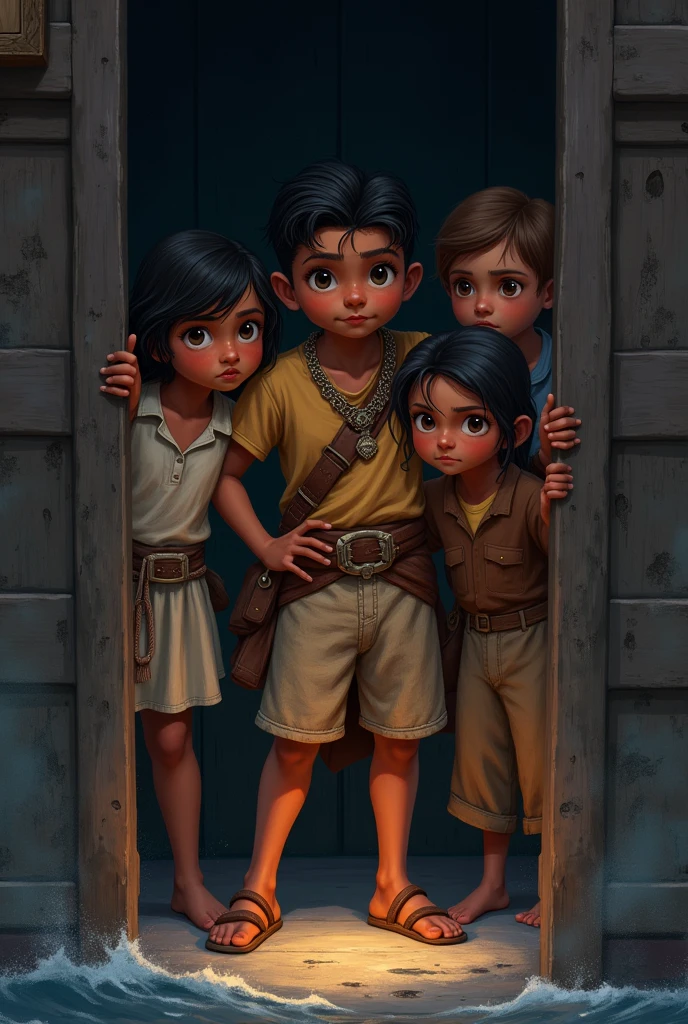 4 kids led by an Indian boy hiding in a corner of a ship