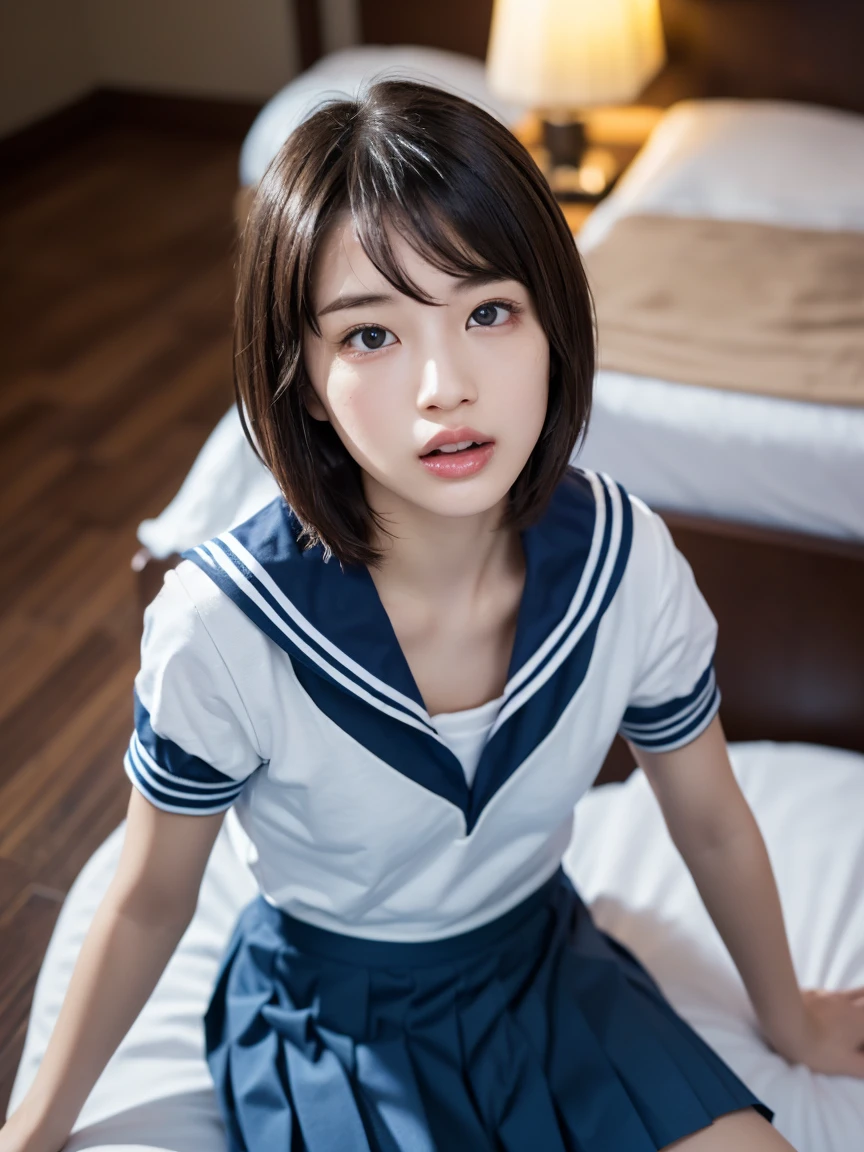 (masterpiece), Very detailed, Ultra-high resolution, Realistic, photo Realistic, High-resolution RAW color photos, Professional photos, Sharp focus, (Very detailed顔と肌の質感, Very beautiful eyes, Glossのある肌, Glowing Skin, Glowing Skin, Shining Face, Gloss, Oily skin, greasy face, Oily skin, greasy face,),, (real Glossのある肌 texture), Perfect Anatomy, Very detailed背景,((Hotel Bed)),(1 female,25-year-old woman, Japanese women),(lean slender body),(short hair, Straight hair, bangs, Brown Hair),(Flat Chest:1.6), (((Short Sleeve White Sailor School Uni形状 、Navy blue pleated skirt:1.5)))、(((Looking up at penis:1.5))),(((Cum on face:1.6))),(From above:1.4)