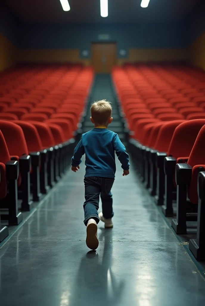 boy running towards a thermos on the floor with water in an auditorium (The thermos is not in the child&#39;s hand and that it is not ) 