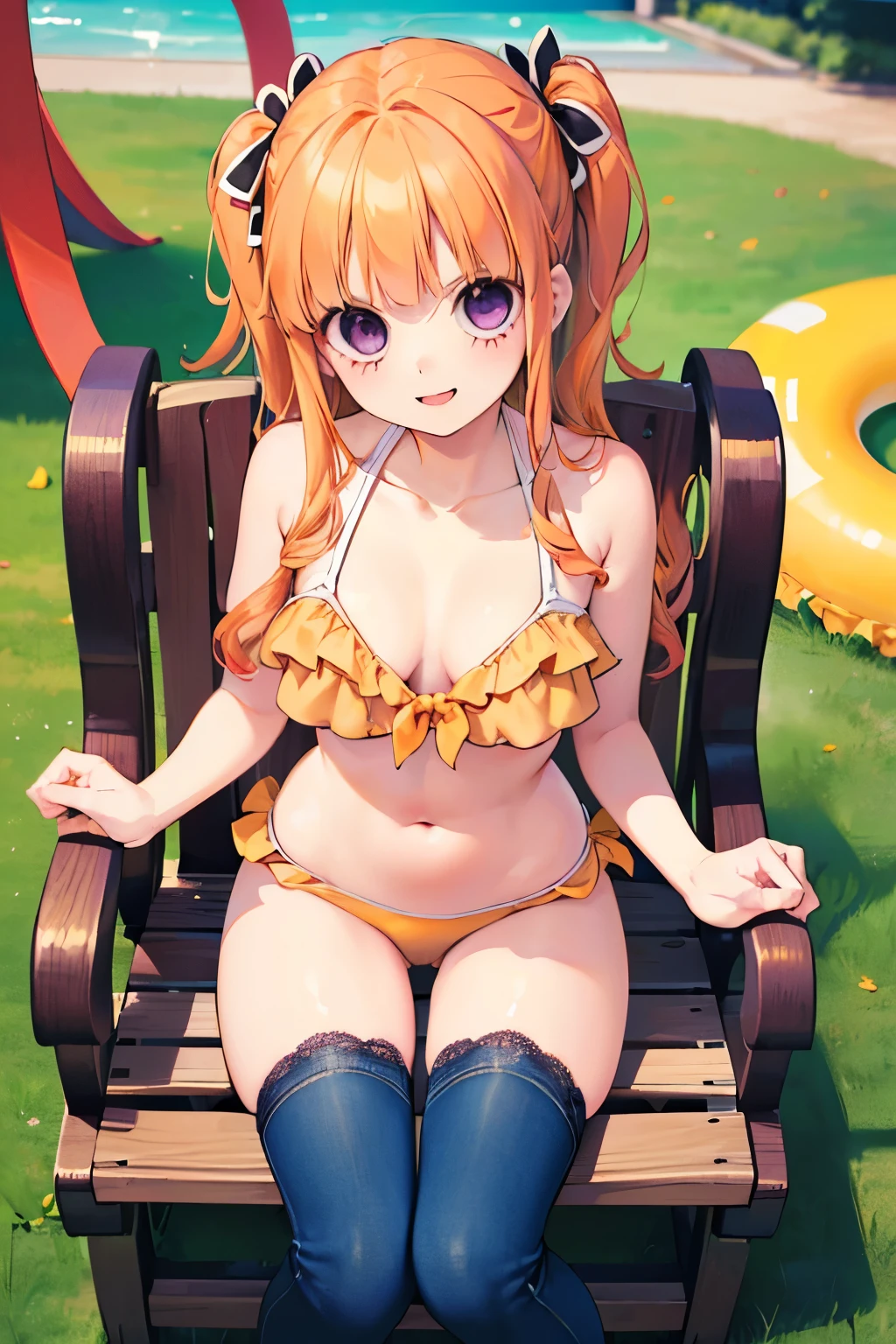 beautiful cute Lady,((orangebeige hair:1.2)),(straight hair:1.1),(pinkpurple eyes:1.2),(frill and ribbon Bikini swimsuit:1.2),((denim material:1.0)),((lace:1.2)),((ecstatic face:1.1)), (sitting on the grass with one's legs tucked under to one side:1.15),(leisure seat:1.1),(park play equipment:1.1),open your mouth,smile,(close-up Face:1.1).