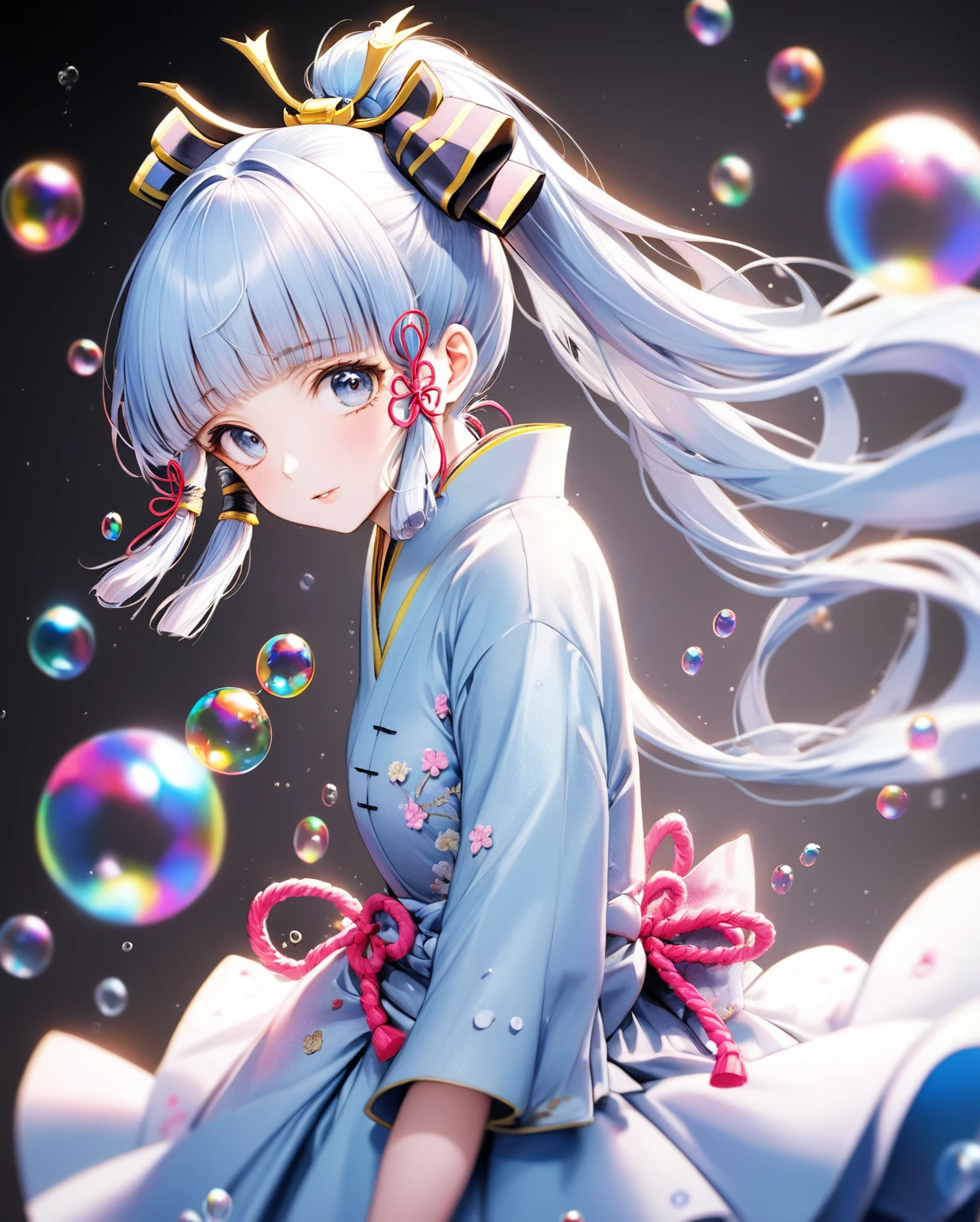 (masterpiece), (Highest quality), (Super detailed),(Disheveled Hair),(figure), (One girl), (Fashionable clothes), Are standing, Fashion Model, View your viewers, (interview), (Simple Background),Beautiful attention to detail, Delicate and beautiful face, floating,(High saturation),(Colorful splashes),Colorful Bubbles,(The Shining), Focus on the face, ponytail, kamisato ayaka, Light blue hair, bangs, Hair Ring, Floating Flowers, Floating hair, (The Shining), Best lighting, Best Shadow,