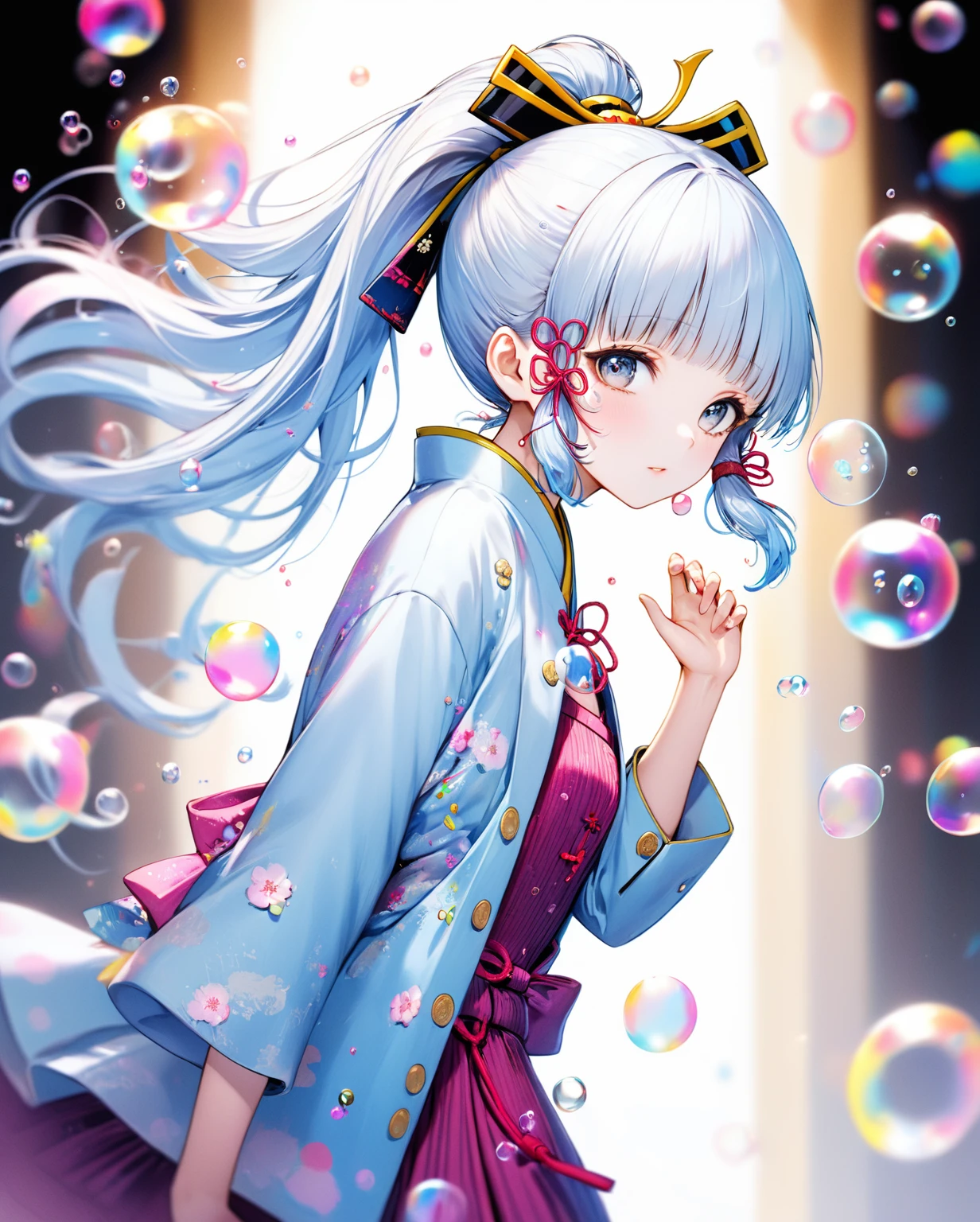 (masterpiece), (Highest quality), (Super detailed),(Disheveled Hair),(figure), (One girl), (Fashionable clothes), Are standing, Fashion Model, View your viewers, (interview), (Simple Background),Beautiful attention to detail, Delicate and beautiful face, floating,(High saturation),(Colorful splashes),Colorful Bubbles,(The Shining), Focus on the face, ponytail, kamisato ayaka, Light blue hair, bangs, Hair Ring, Floating Flowers, Floating hair, (The Shining), Best lighting, Best Shadow,