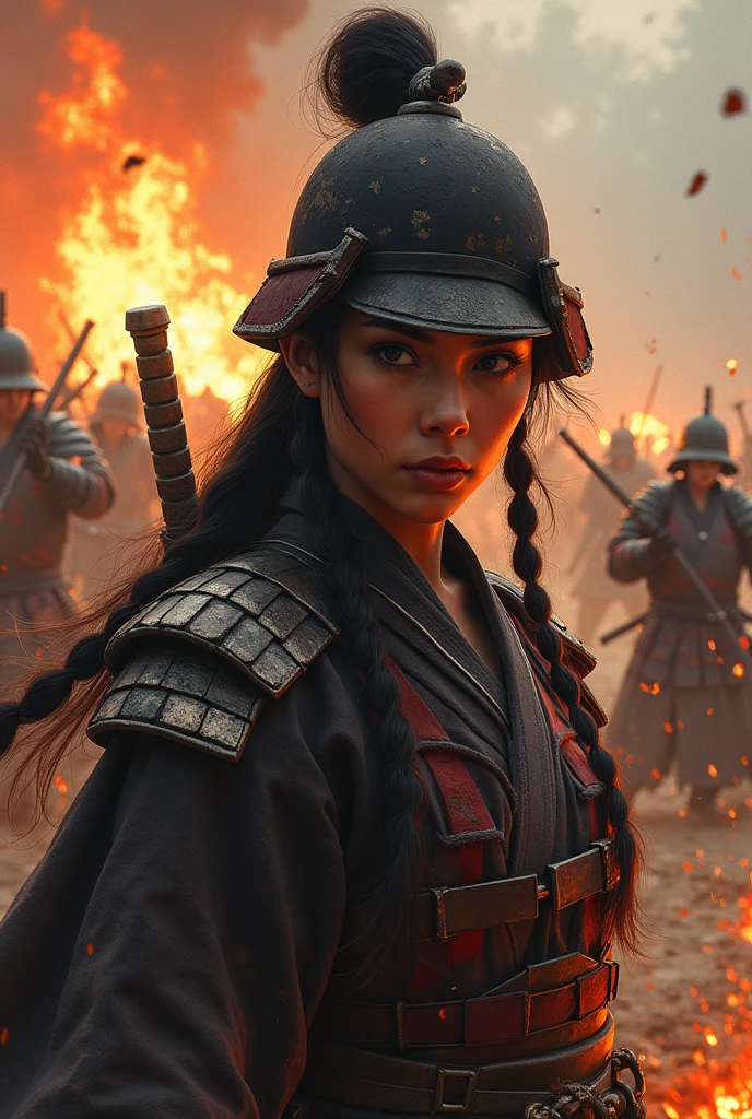 Japan (Christina Chong beautiful face, narrowed eyes. smirk. black braided hair with narrowed eyes,) Samurai、Female warriors of the Sengoku period、Wearing a helmet、Scene of fierce fighting、There are many people fighting around、Flames are rising all around、Sense of presence。Real、Genuine、２５age、Black Hair
