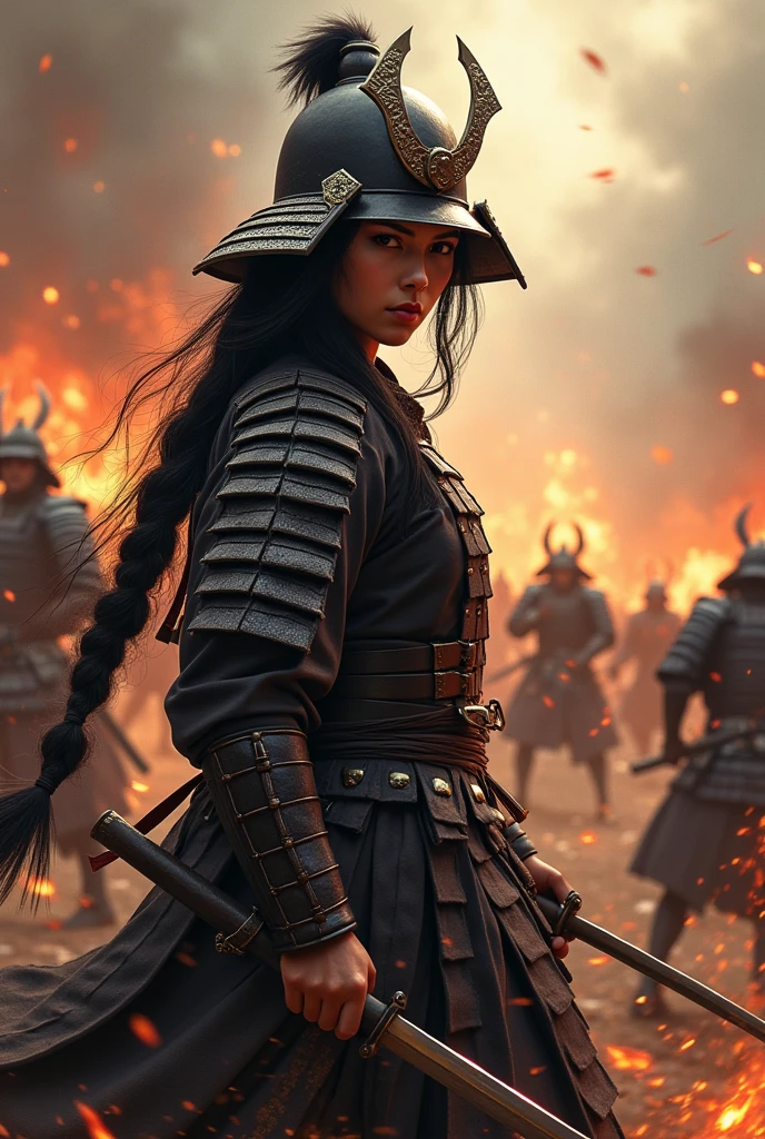 Japan (Christina Chong beautiful face, narrowed eyes. smirk. black braided hair with narrowed eyes,) Samurai、Female warriors of the Sengoku period、Wearing a helmet、Scene of fierce fighting、There are many people fighting around、Flames are rising all around、Sense of presence。Real、Genuine、25age、Black Hair