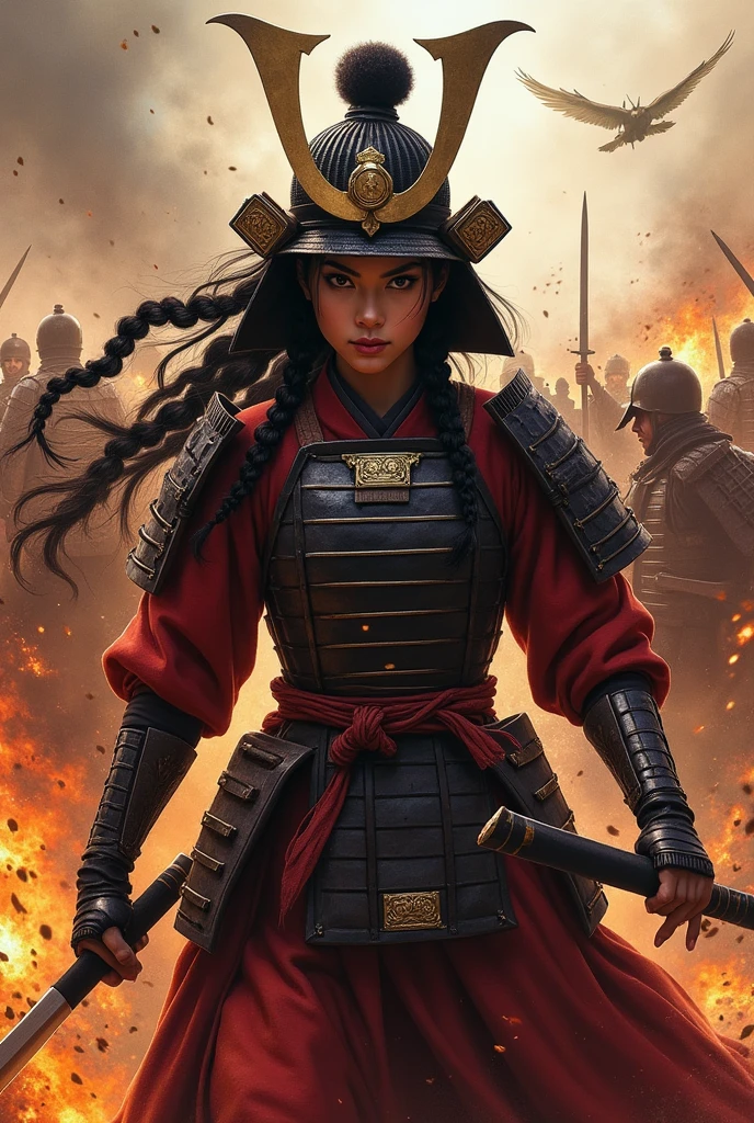 Japan (Christina Chong beautiful face, narrowed eyes. smirk. black braided hair with narrowed eyes,) Samurai、Female warriors of the Sengoku period、Wearing a helmet、Scene of fierce fighting、There are many people fighting around、Flames are rising all around、Sense of presence。Real、Genuine、25age、Black Hair