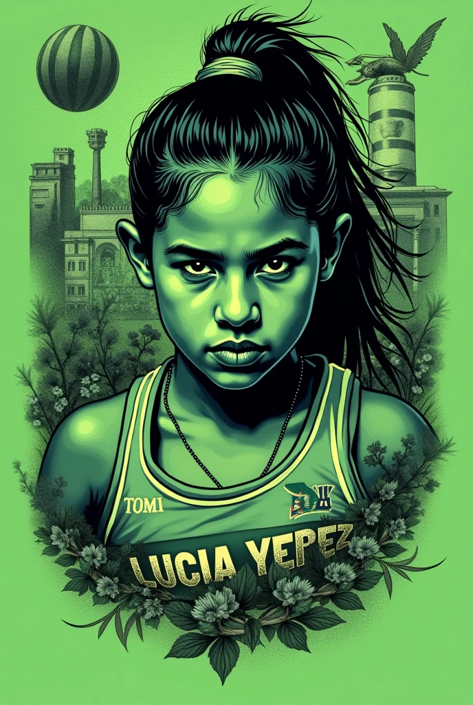 You can design a t-shirt for the school Olympics with the theme of Lucia Yepez, Ecuadorian wrestler, that is unique and creative, and with monochromatic or bichromatic colors, GREEN SHORT SLEEVE T-SHIRT LONG T-SHIRT