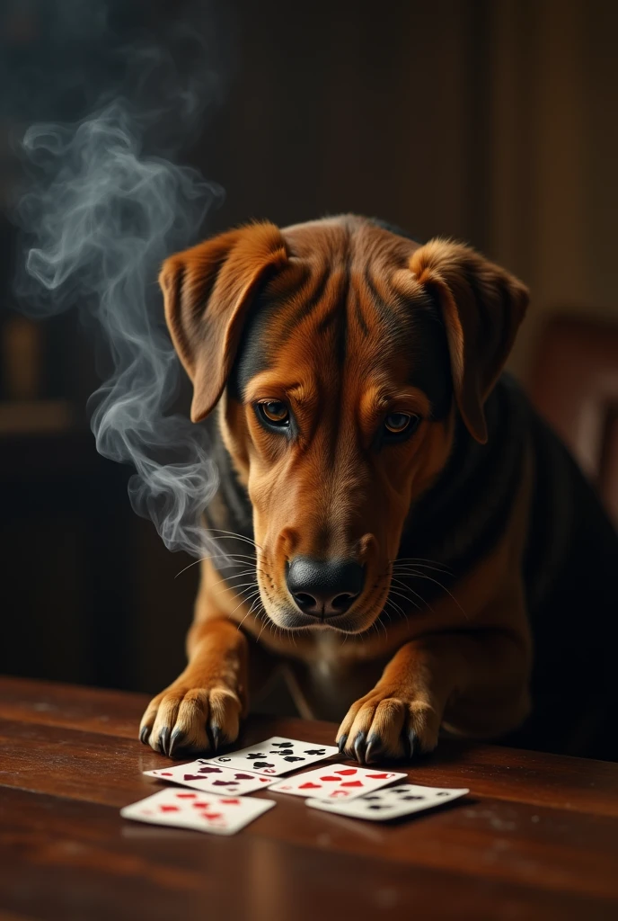 Dog playing cards in a dimly lit room while smoking 