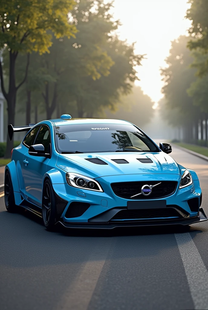 A Volvo C30 t5 R line coupe car, with a rwb style bodykit, Realistic style, color polestar, similar al babyblue