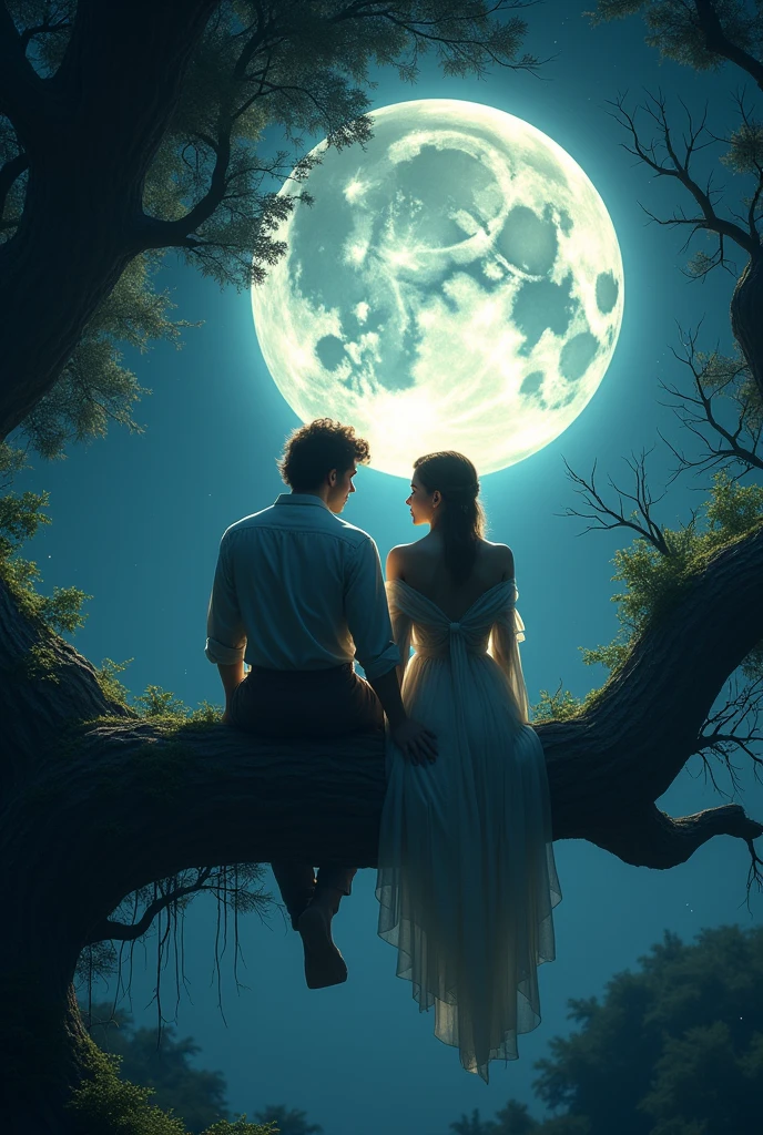 Romantic ancient style，night，Backlight，A man and a woman sitting on a tree branch，There is a big full moon behind，Alexander，Averin，Fresh colors，Soft colors，Diode light，Concept art style，Extremely complex details，Clear distinction between light and dark，Layering，Ultra HD