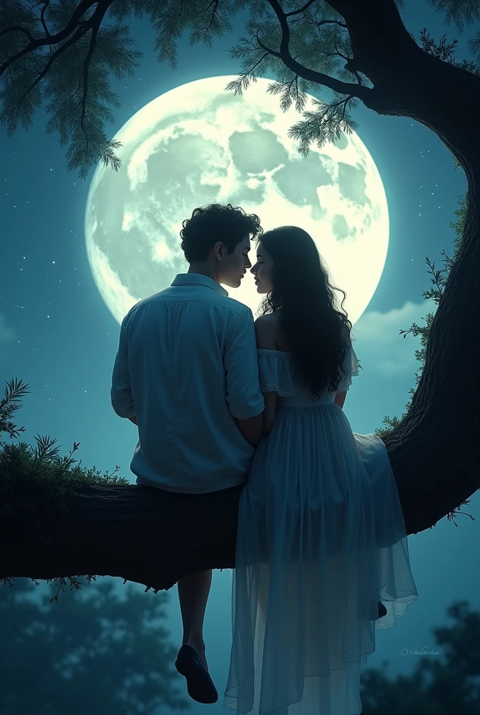 Romantic ancient style,night,Backlight,A man and a woman sitting on a tree branch,There is a big full moon behind,Alexander,Averin,Fresh colors,Soft colors,Diode light,Concept art style,Extremely complex details,Clear distinction between light and dark,Layering,Ultra HD