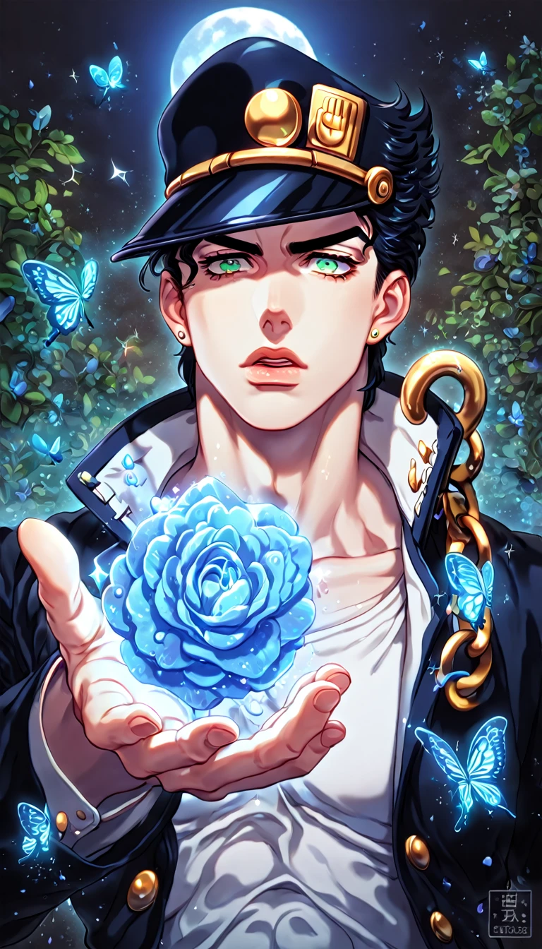 absurdres, highres, ultra detailed, HDR, master piece, best quality, extremely detailed, Jotaro Kujo, black hair, expressive green eyes, Jojo Bizarre Adventure, solo, sexy man, handsome, sensual, horny, black coat, white shirt, black hat, fantasy, magic, sparkling, water, blue moon, blue flowers, blue butterflies, blue petals, garden