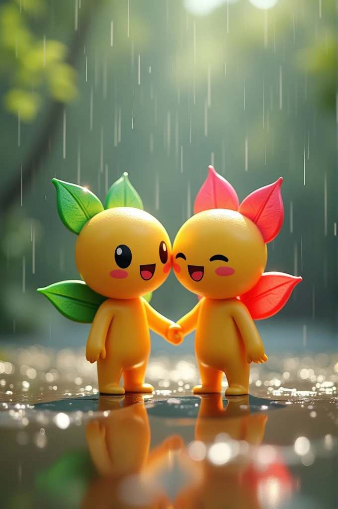 Abhi tech tips:
Two adorable, cartoon-like figures with emoji head, a yellow one with green leaves a purple one with pink leaves, hold hands, standing on a wet surface, with their reflections shimmering below. They are smiling, radiating joy and love, in a serene, natural setting. also raining

[3D animation, stylized, reminiscent of the work of Pixar and Studio Ghibli], [soft diffused lighting, vibrant colors, glossy textures, shallow depth of field, bokeh effect in the background, water droplets reflecting light]

Two adorable, cartoon-like figures with emoji head, a yellow one with green leaves a pink one with red leaves, hold hands, standing on a wet surface, with their reflections shimmering below. They are smiling, radiating joy and love, in a serene, natural setting. also raining

[3D animation, stylized, reminiscent of the work of Pixar and Studio Ghibli], [soft diffused lighting, vibrant colors, glossy textures, shallow depth of field, bokeh effect in the background, water droplets reflecting light]