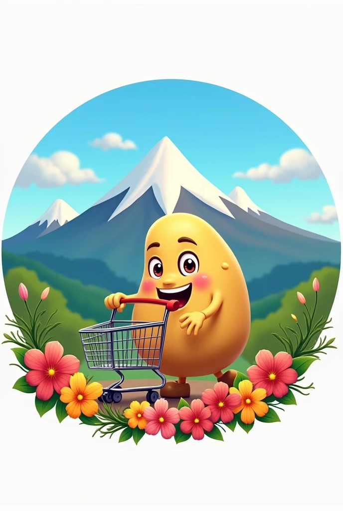 A logo with an animated potato in the middle pushing a supermarket cart, In the background a mountain with three peaks and the edge is a circular shape of flowers