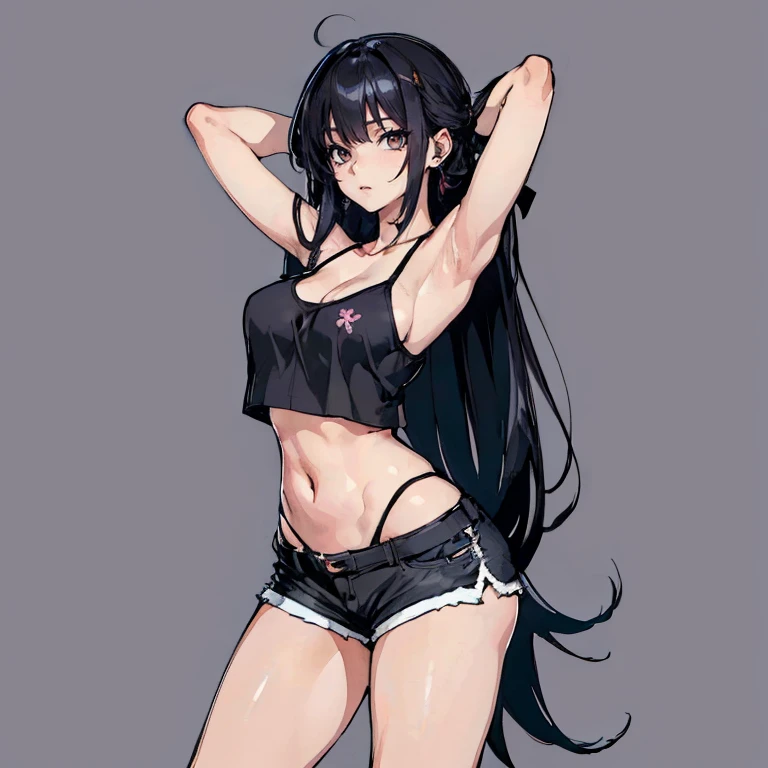 Anime Kawaii sexy Perfect Slim sensual body large breast and huge thighs, An intricate and highly detailed illustration of anime (Young girl) (Extremely detailed CG 8k unity wallpaper), (work of art), (best qualityer), (ultra detali), (best illustration), (best shade), (absurderes), 1 girl, standing alone, Chihara, 1 girl, standing alone, Bblack hair, Shorts, long hair, looking ahead at viewer, black Shorts, arms behind the head, contrasted, spread armpit, camisole, Eyes red, breastsout, aretes, short Shorts, cowboy shot