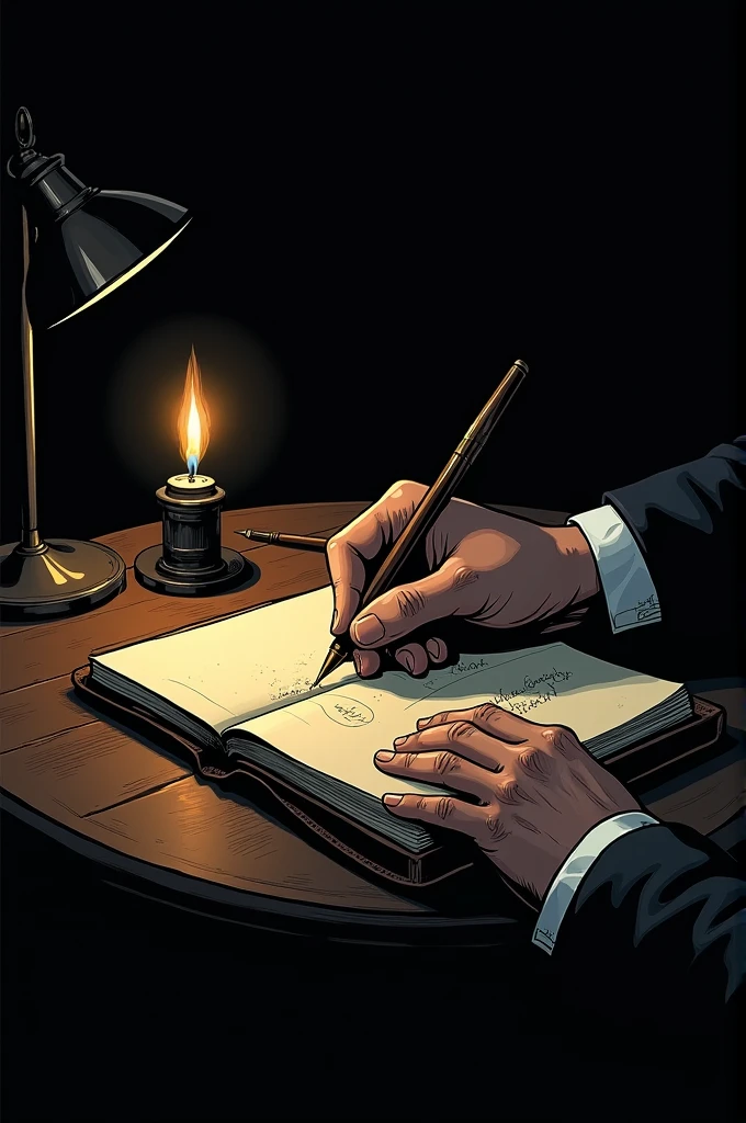 [A dark page, with a pen writing in a diary, illuminated by a dim light.] Make the image for a graphic novel 
