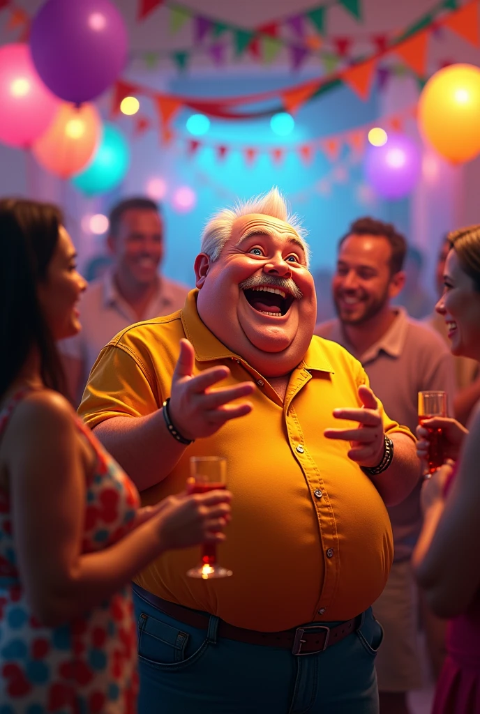Make a picture of a fat guy livening up a party