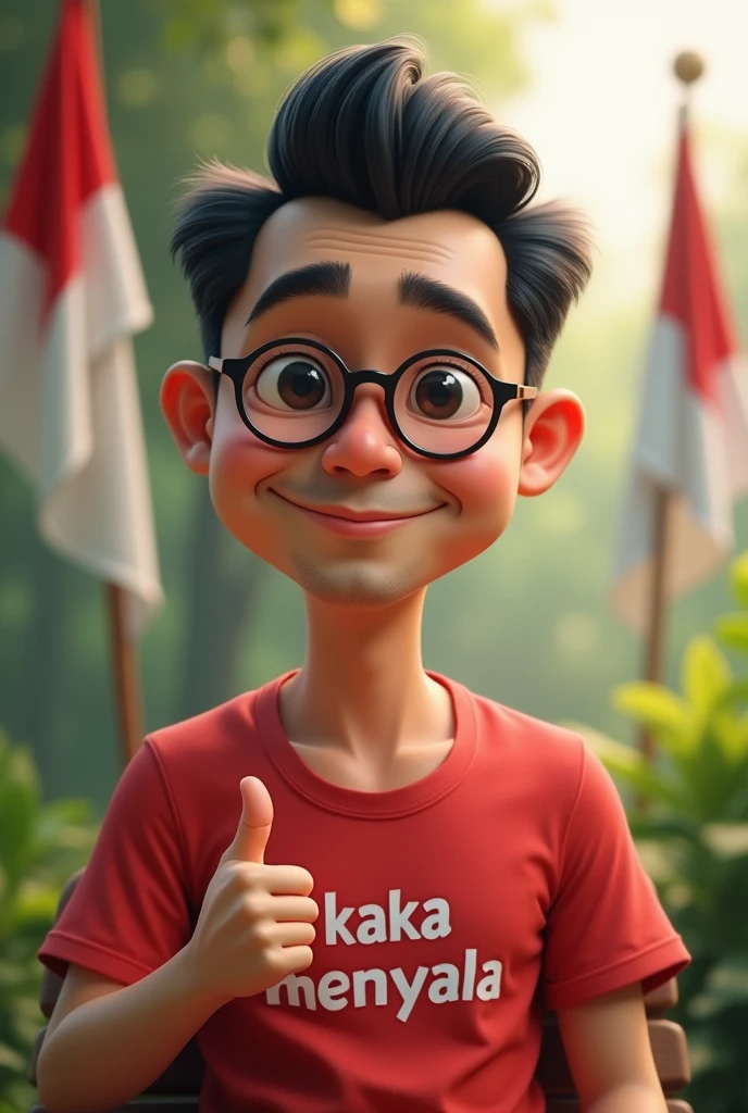 4d caricature.
a 31 year old man. small eyes. oval face. Short black hair parted on the right side. wear small glasses. Sit on a chair in the large garden. background of the Indonesian flag. thumbs up. T-shirt. written 'kaka menyala' on the chest. realistic