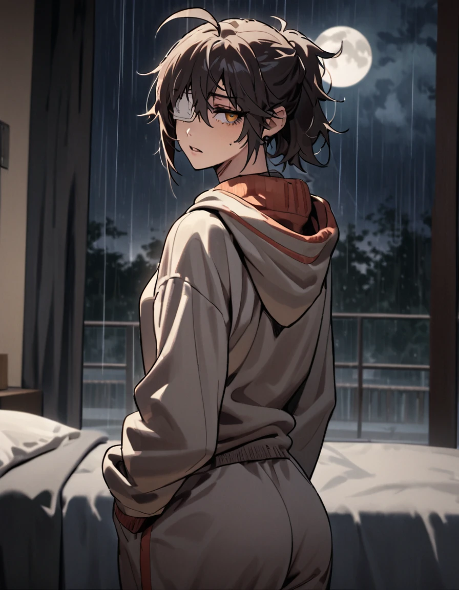 mature, golden eyes, looking at viewer, female, bedroom background, messy hair, light dark short hair, ponytail, parted lips, hair between eyes, ahoge, emotionless, tired eyes, standing, from behind, sweatpants, hoodie, medical eye patch, rainy day, moon, night, dark, hand on waist, comfy clothes