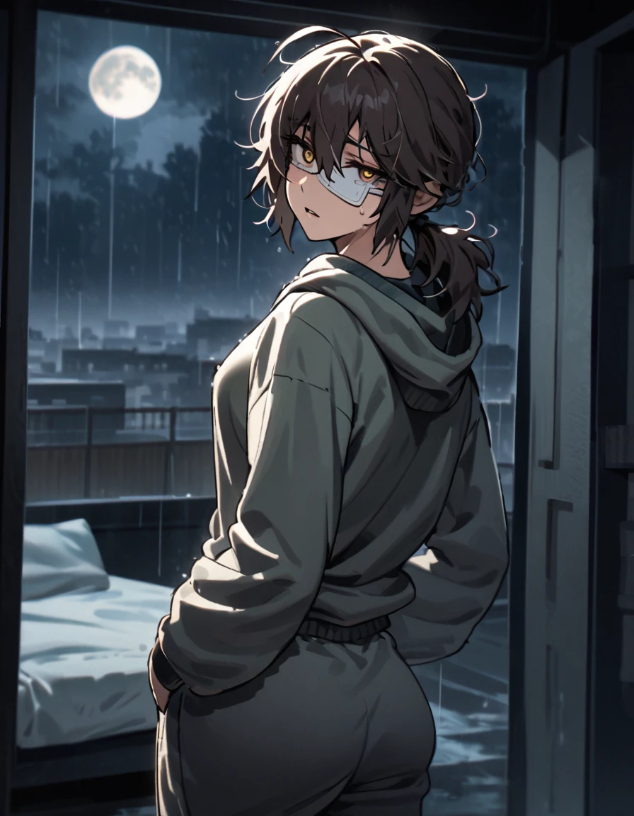 mature, golden eyes, looking at viewer, female, bedroom background, messy hair, light dark short hair, ponytail, parted lips, hair between eyes, ahoge, emotionless, tired eyes, standing, from behind, sweatpants, hoodie, medical eye patch, rainy day, moon, night, dark, hand on waist, comfy clothes