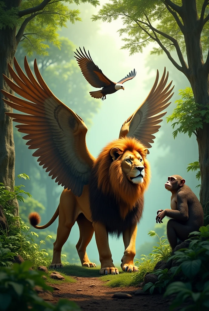 "A realistic, high-definition image for a CD cover featuring a majestic winged lion, a soaring eagle, and a curious monkey, all in a dense, vibrant forest. The lion, with powerful wings outstretched, stands proudly in the foreground. The eagle is hovering nearby in mid-air, its wings fully spread, while the monkey is close by, perched on a branch, observing the scene. The lush green leaves and towering trees create a natural backdrop, framing the animals without compromising the detail of each one. The image captures the textures of the lion's fur and wings, the eagle's feathers, and the monkey's expressive features, all set against the rich foliage of the forest, making it an immersive and dynamic scene."
