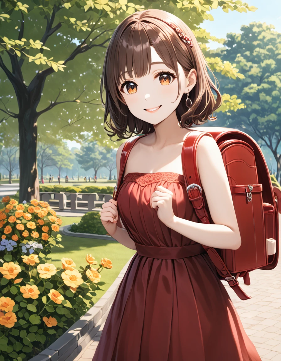 Masterpiece, hd, 1girl, best quality, brown hair, medium hair, hair clip, smile, wearing strapless dress, wearing randoseru backpack, (randoseru backpack:1.2), outdoor, park