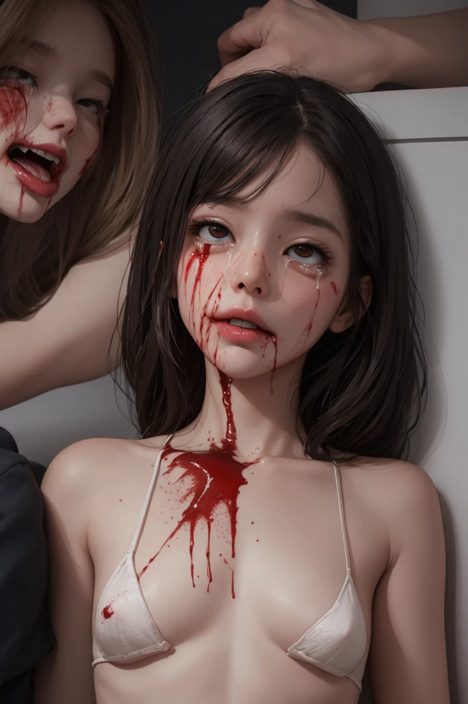 Highest quality, masterpiece, look up, cute,(Horror),(((少女の美しいzombie))),(zombie),(This girl is dead),(Being attacked),Trying to bite,(((Bleeding,Injured))),(((Shedding tears of blood))),((口からBleeding)),((Covered in blood)),(A body covered in wounds),((zombieに身体中を噛みつかれた)),((Sexy)),(sexy),((Small breasts)),(Baby Face),(Middle school students),(((Masturbation))),((semen)),Beautiful Style,(((Lower body exposed))),((Pale skin)),(Sensual look),Sexy表情,Expressions of delight,Crazy Smile,((Ahegao)),(Dark atmosphere),(Dark atmosphere,fear),((Dim lighting))