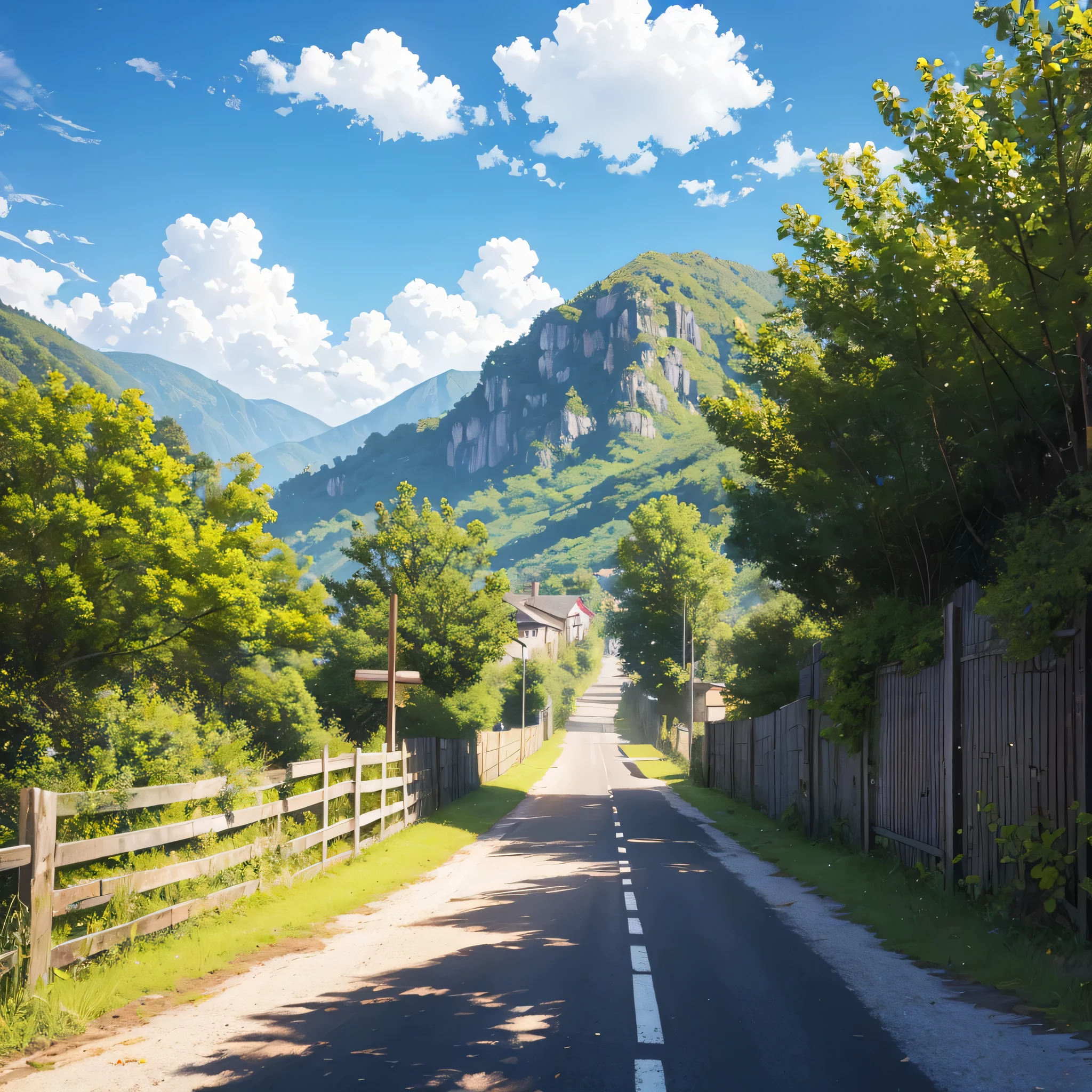 road, village, old fence, sunny