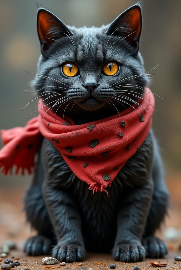 An action figure of a black cat covered in scratches and wearing a red scarf and a confident face.