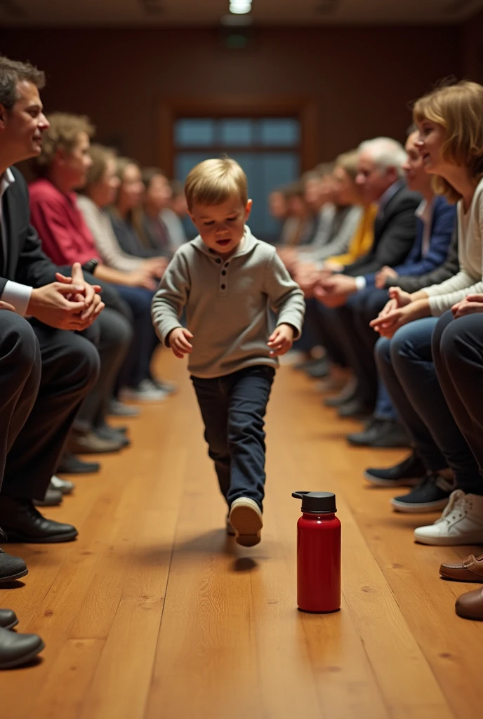 boy running towards a thermos on the floor with water in an auditorium (The thermos is not in the child's hand, the thermos is far away and to his right and people are looking at him while his mother yells at him. )