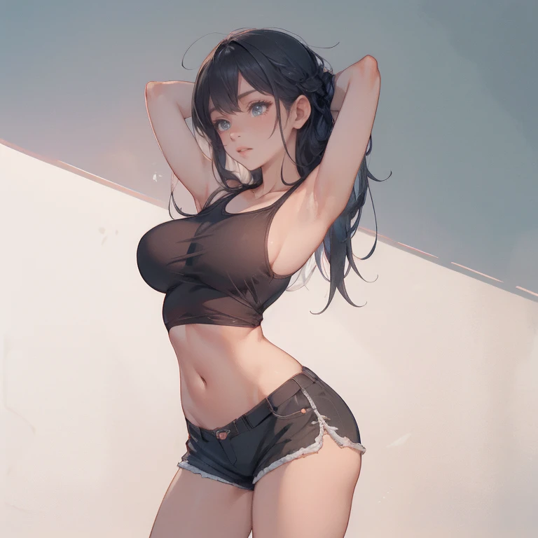 Anime Kawaii sexy Perfect Slim sensual body large breast and huge thighs, An intricate and highly detailed illustration of anime (Young girl) (Extremely detailed CG 8k unity wallpaper), (work of art), (best qualityer), (ultra detali), (best illustration), (best shade), (absurderes), 1 girl, standing alone, Chihara, 1 girl, standing alone, Bblack hair, Shorts, long hair, looking ahead at viewer, black Shorts, arms behind the head, contrasted, spread armpit, camisole, Eyes red, breastsout, aretes, short Shorts, cowboy shot