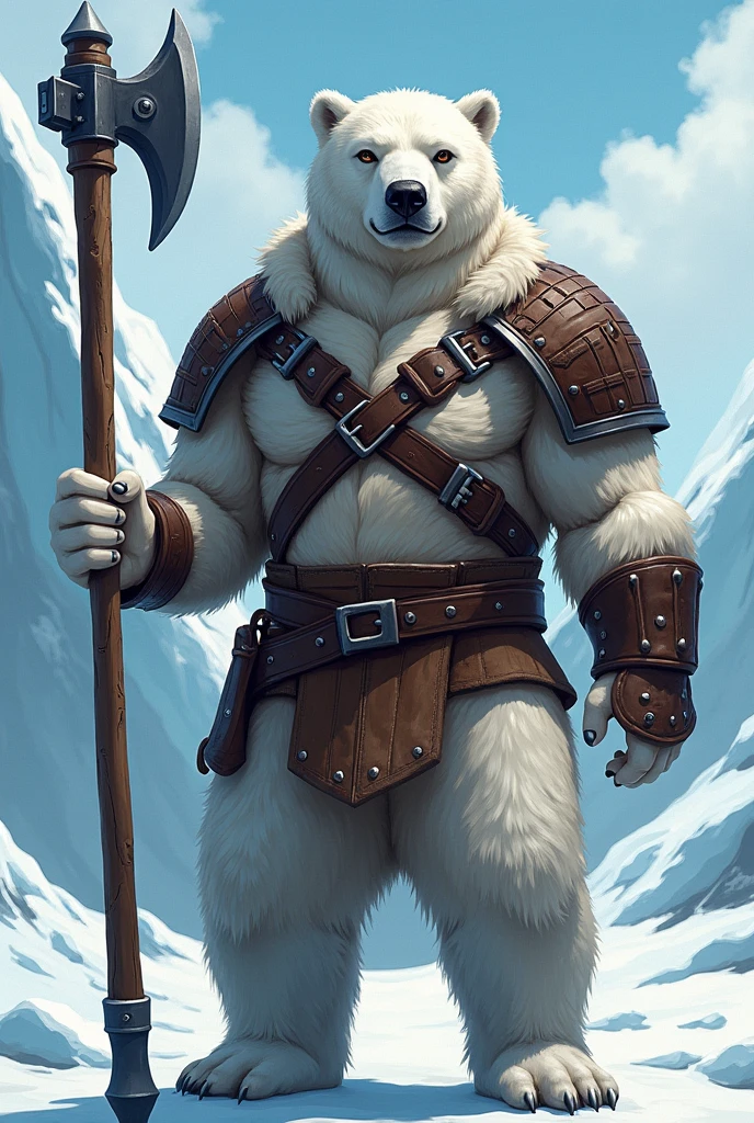 Polar bear humanoid warrior with holding a battle ax wearing leather armor that covers his body with a glacier background in anime style
