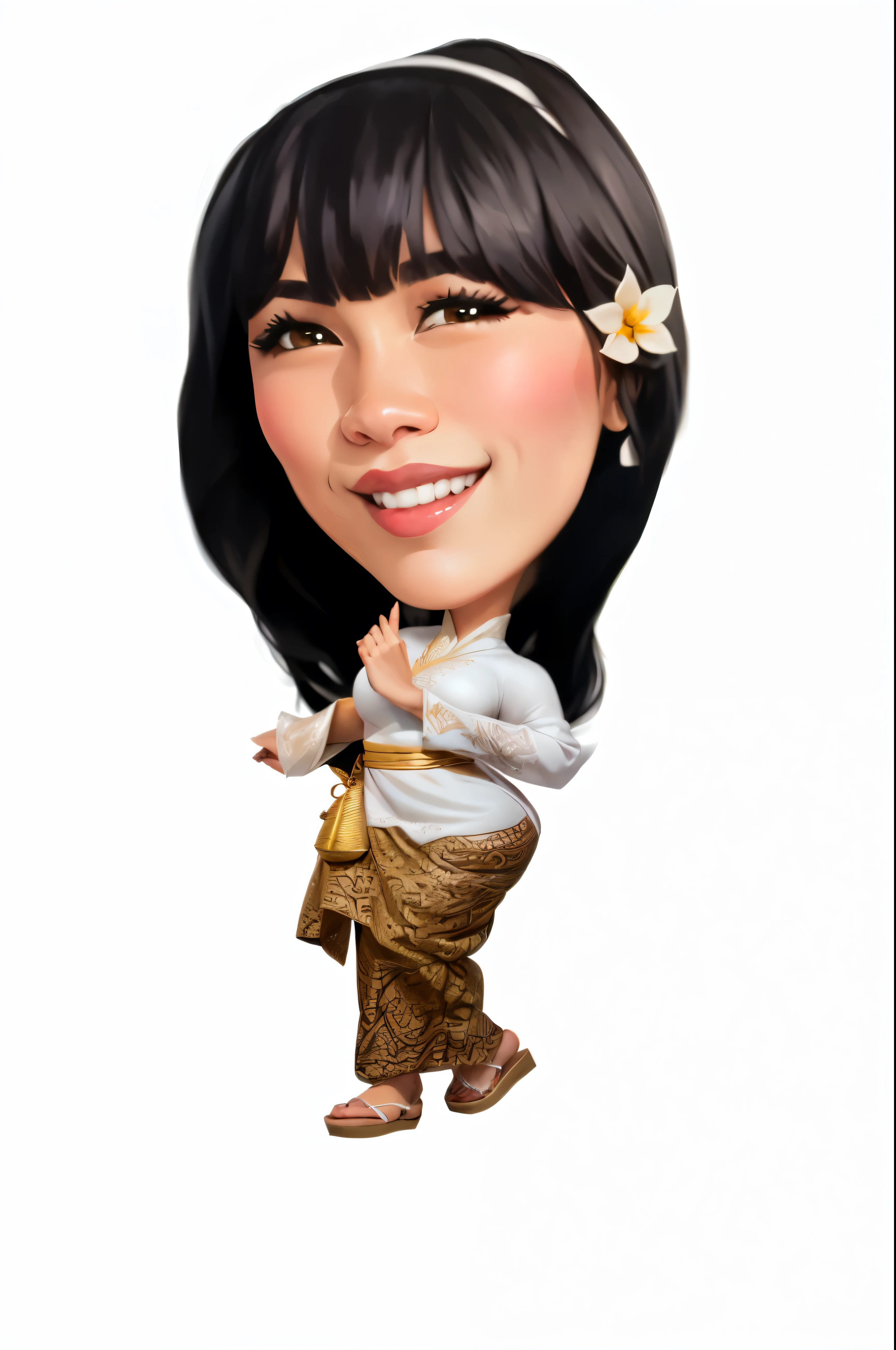 a cartoon girl in Wearing white clothes, Balinese traditional clothes, caricature illustration, cartoon portrait, caricature, caricature style, chibi, caricature!!!, cartoon artstyle, potrait, portrait of modern darna, in cartoon style, cartoon digital art, digital art cartoon, by Abidin Dino, fullbody or portrait, charicature, detailed portrait