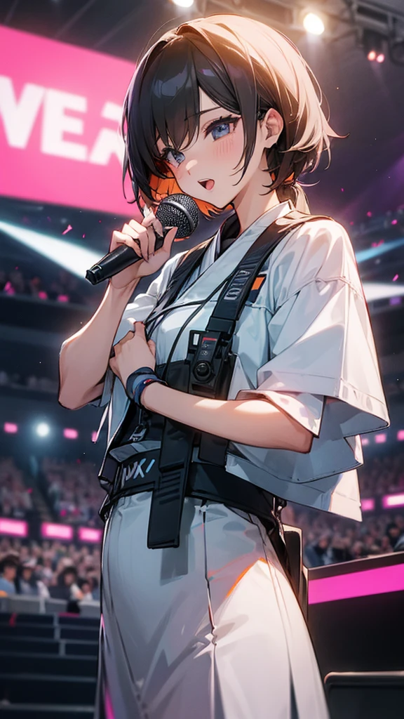 ((Female announcer))、Speaking into a microphone、Women's suits、skirt、((Ultra fine)),Highest quality,masterpiece,((1 girl)),((Standing posture)),{{solo}},((whole body)),Looks elegant,(,((face)),Expressionless,cute,Shoes on your feet,Hands left and right1Book、