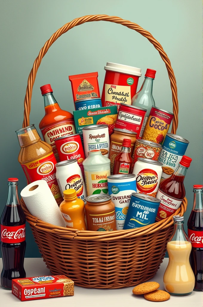 Basket with sugar packet,cocoa,lentils, café , has,condensed milk,evaporated milk,tunes,shallsa de soya, shallsa inglesa, a package of spaghetti,dressing packet, toilet paper,shall,bottle of oil, package of beans,jar of fruit in syrup,packets of biscuits,pasta dental, liquid soap, kitchen towels,Coca Cola soda bottles, rice package,