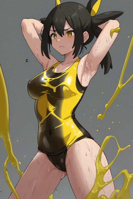 Covered in yellow and black slime and sweat、Swimsuit-less Pokémon trainer doing exercises