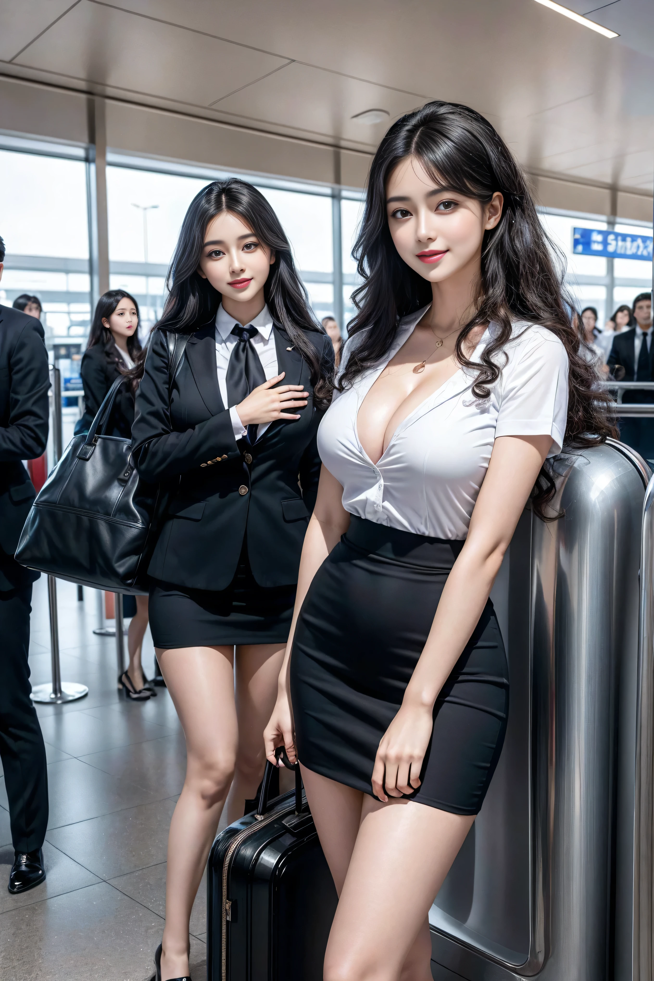 Top quality, ?masterpiece, 8K, Ultra-high resolution, (Reality:1.4), 2 girls in、Beautiful expression、Symmetrical eyes、Huge 、Perfect body proportions、Airline stewardess、Cleavage、Look at the audience、(at the airport:1.2)、Long legs(1.3)、a smile,Body proportions,