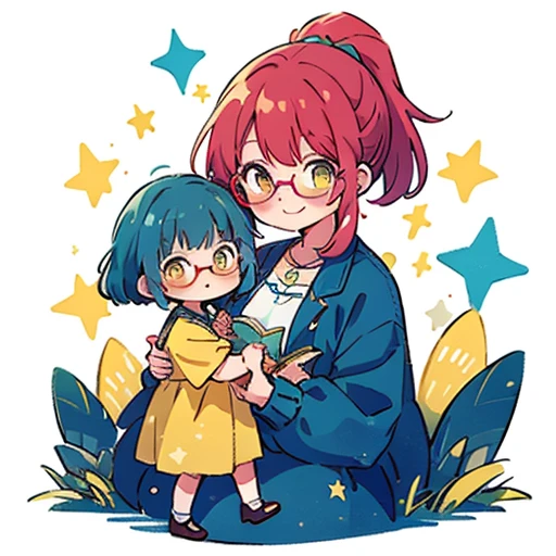 2 people , mother big, daughter small, Books, (masterpiece, highest quality),(Detailed Hair), ((mother wears glasses)), ((daughter doesn't wear glasses)), Super detailed, Anime Style, whole body, cute, whole bodyきぐるみ, red hair with ponytail mother, blue haired daughter,yellow eyes mother, pink eyes daughter,ponytail mother, short hair daughter,Digital Painting, 8K High Resolution, whole body, White Background, Dynamic pose, Dynamic composition, smile, pastel colour, stars, (motherly figure), mother and daughter, crystals, mother wears teal and yellow clothes, daughter wears white dress with blue jacket