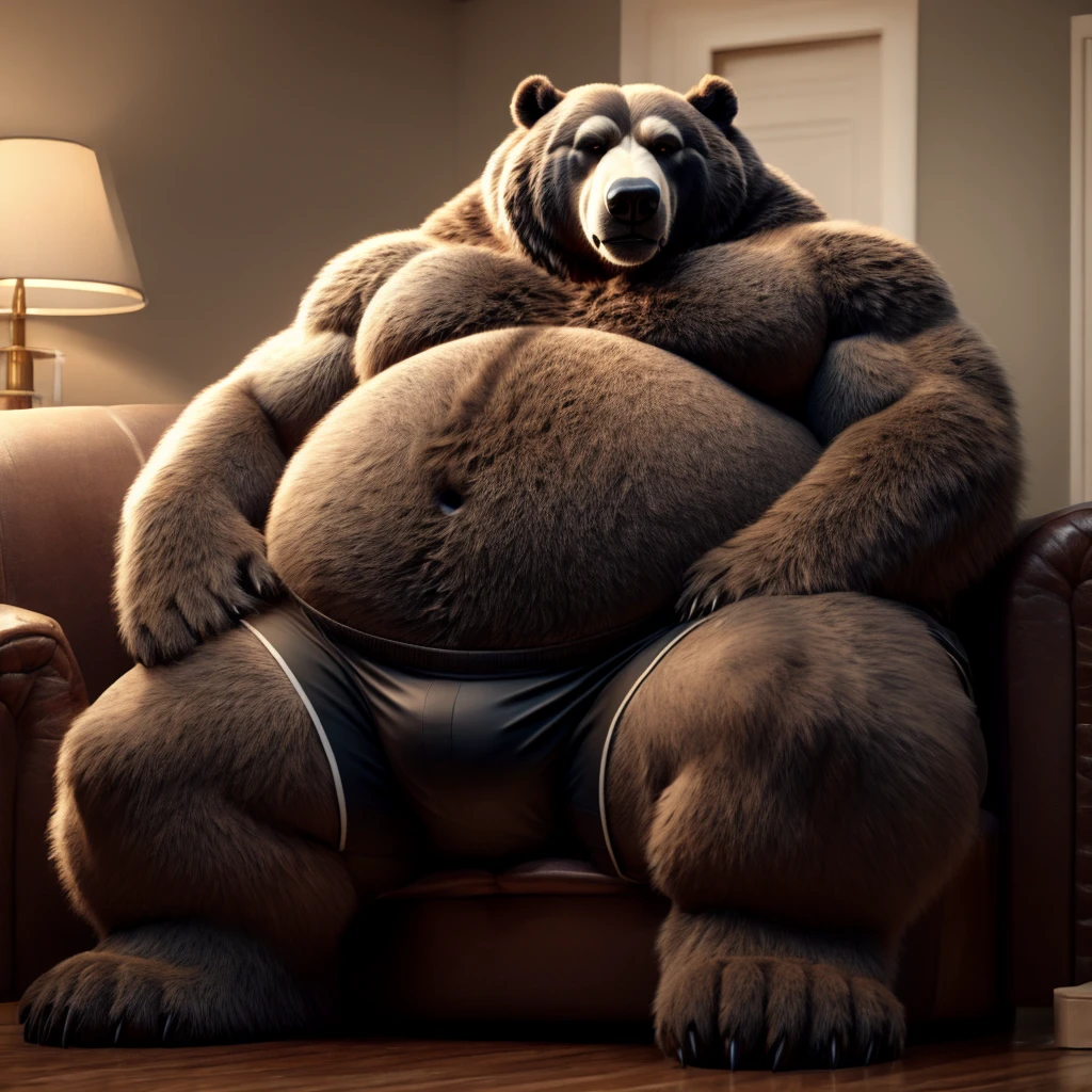 Fat Huge Daddy Furry Black Grizzly Bear Bigger Belly and large chunky body and big furry Belly sitting on the sofa wearing Black shorts ,big and Furry