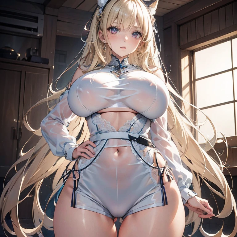 Anime Kawaii sexy Perfect Slim sensual body large breast and huge thighs, An intricate and highly detailed illustration of anime (Young girl) work of art, best qualityer, 1 girl, standing alone, grown-up, hair blonde, long hair, aretes, pink eyes, face detailed, white top, breasts big, Shorts, Arm belt, in front of the viewer, blank stare,