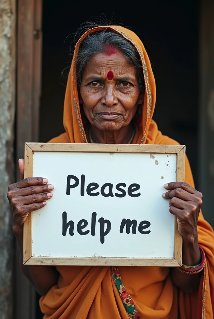 Poor women, salwar suit dress, holding a white board with text "please help me” In and showing it to the viewer